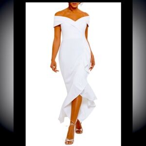 Xscape Off the Shoulder Ruffle Hem Crepe Gown